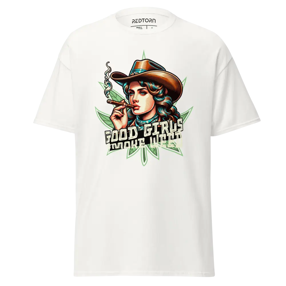 White woman graphic cotton tee with marijuana cowboy hat design