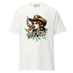White woman graphic cotton tee with marijuana cowboy hat design
