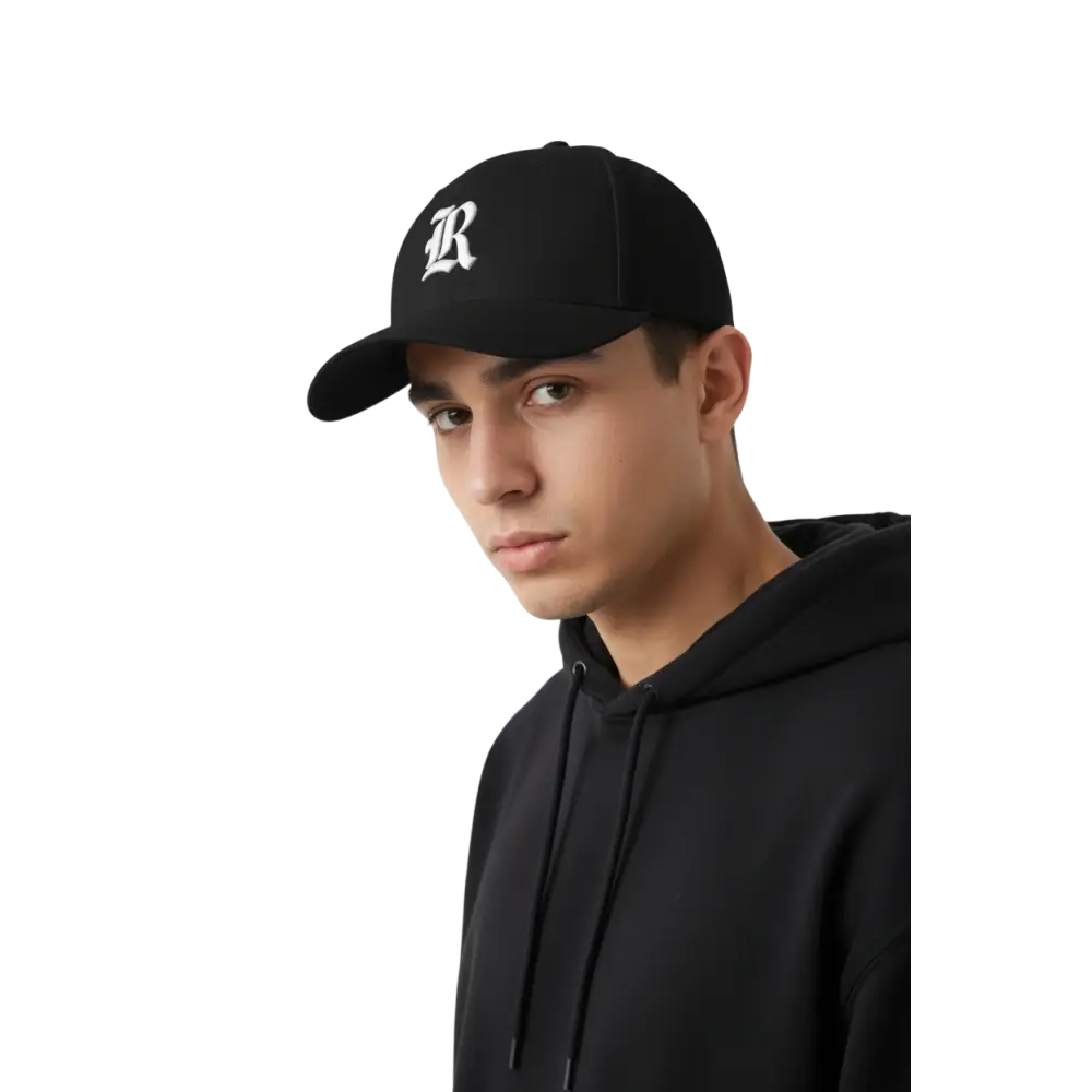 Gothic R flexi fit baseball cap with white puff embroidery r logo