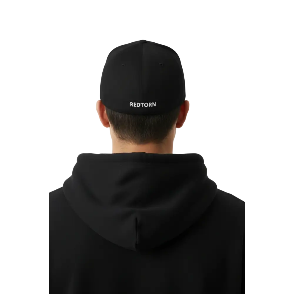 Gothic R flexi fit baseball cap with black design and white redtorn puff embroidery on back