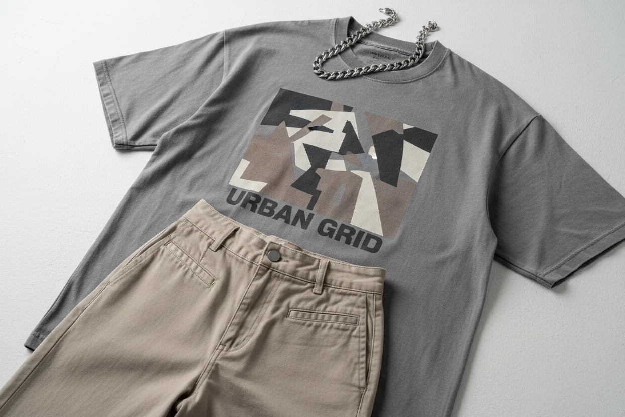 Gray Australian streetwear t-shirt with bold urban grid graphics