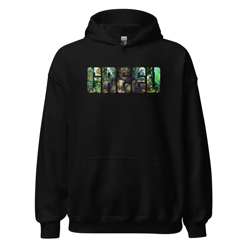 Greed Hoodie from Seven Deadly Sins Collection, premium Australian streetwear with black fabric, tree graphic, and free text