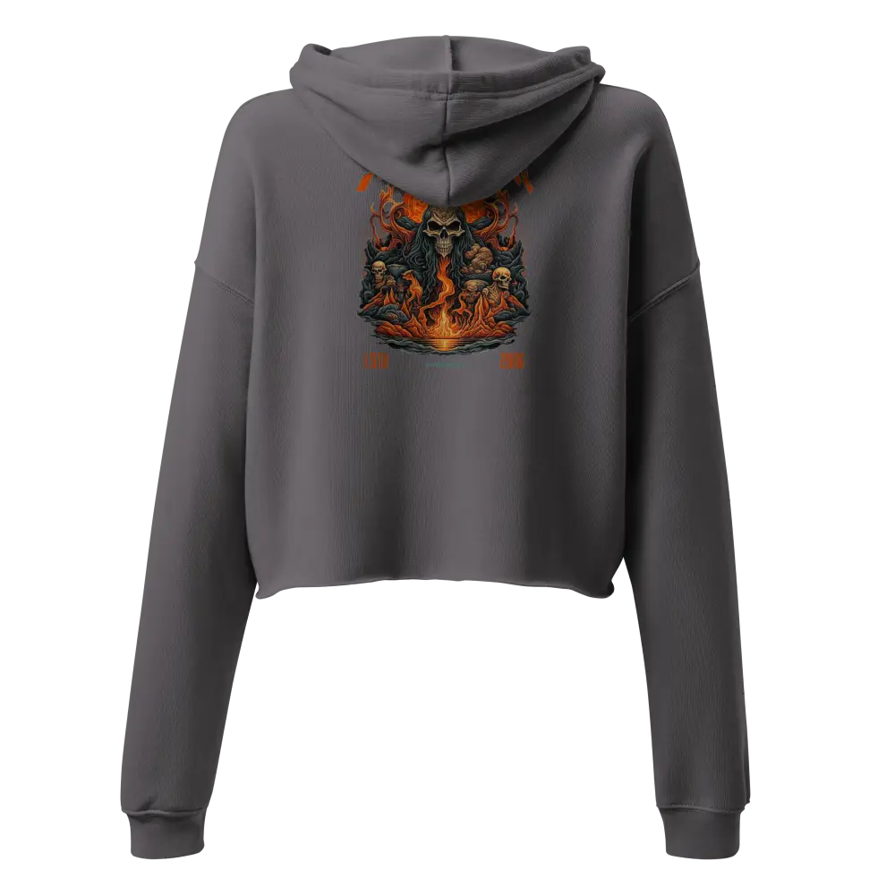 Dark gray Rebellion Women’s Crop-Top Hoodie with skull and flame design