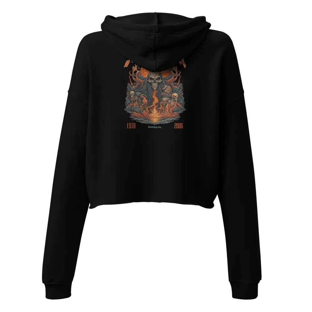 Hell Crop Graphic Hoodie: Black cropped hoodie with demon and flames design from Australian clothing brand