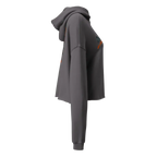 Women’s crop-top hoodie in gray with orange logo and pocket detail