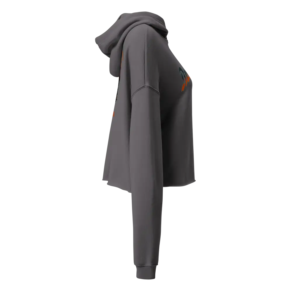 Women’s crop-top hoodie in gray with orange logo and pocket detail