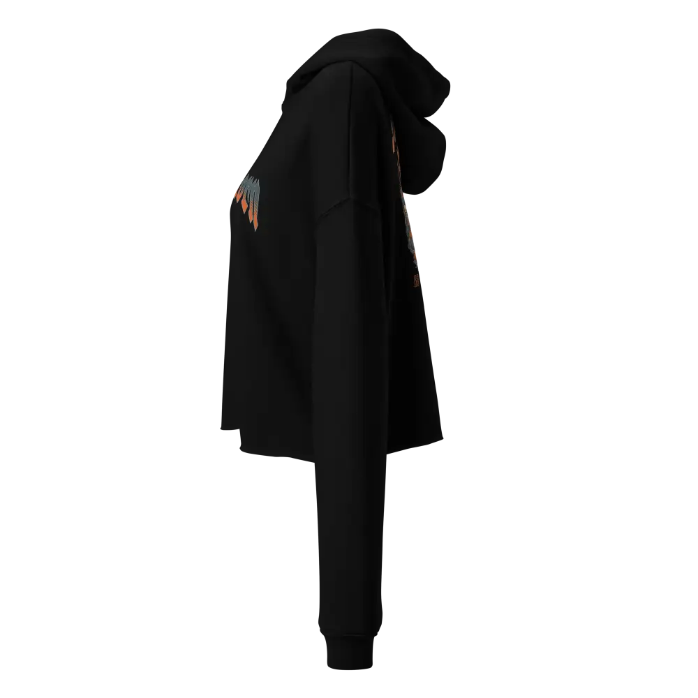 Black Hell Crop Graphic Hoodie in black with orange accents