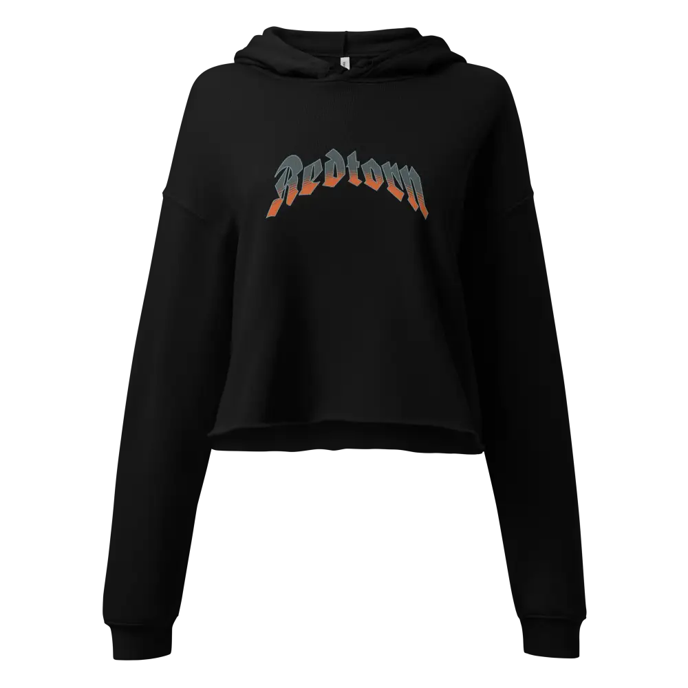 Rebellion women’s crop-top hoodie in black with orange-yellow rebellion graphic