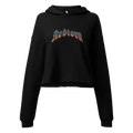 Rebellion women’s crop-top hoodie in black with orange-yellow rebellion graphic