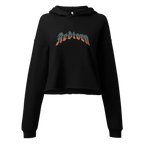 Rebellion women’s crop-top hoodie in black with orange-yellow rebellion graphic