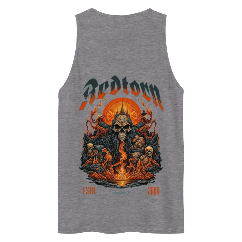 Fire skull graphic premium tank top in heather gray with redtorn skull and flames