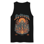 Fire skull graphic on premium tank top with black skull and flames