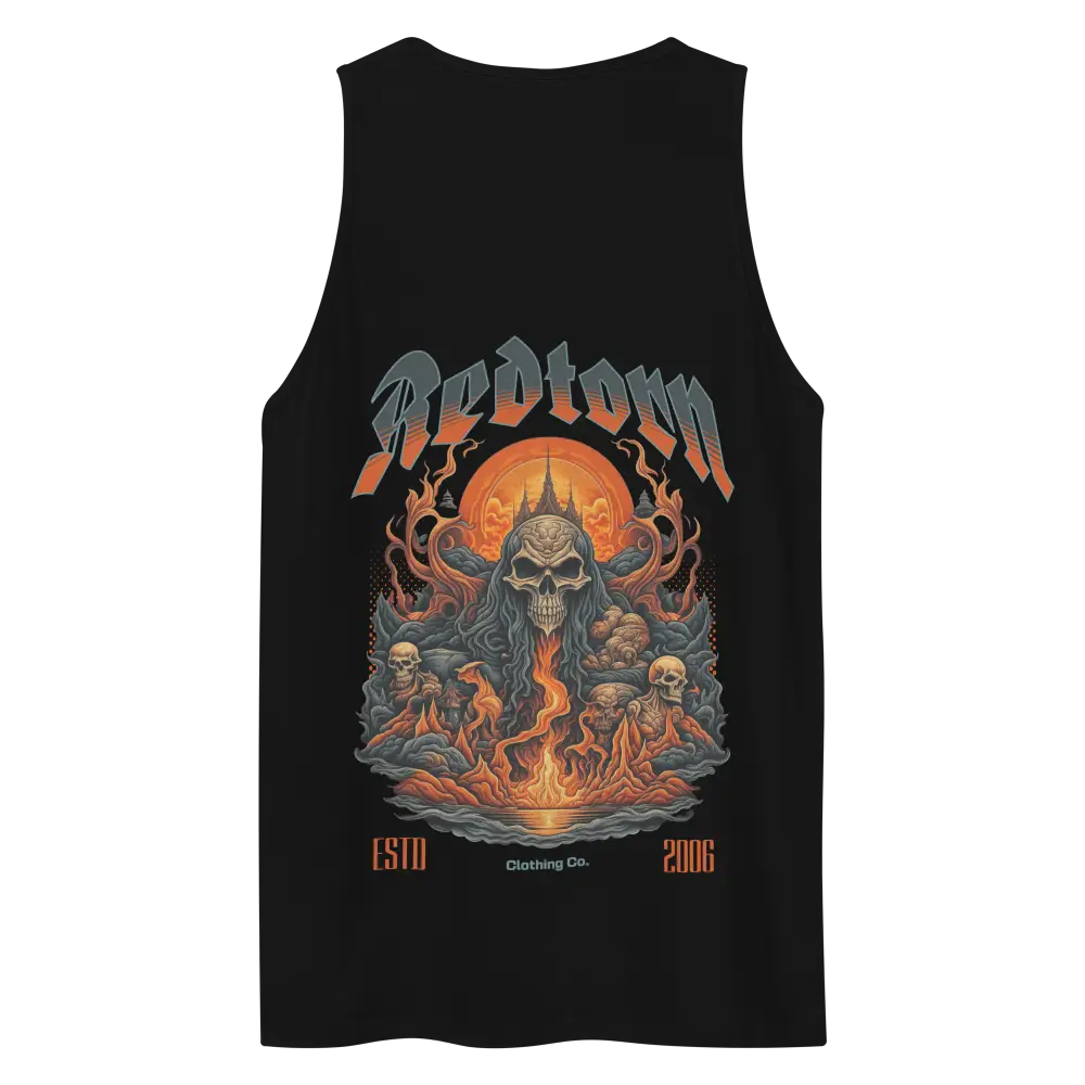 Fire skull graphic on premium tank top with black skull and flames