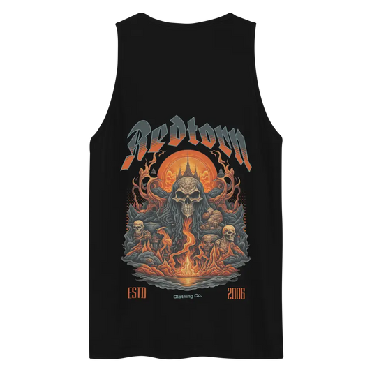 Redtorn Clothing Hell’s Premium Skull Tank with black t-shirt skull design and flames