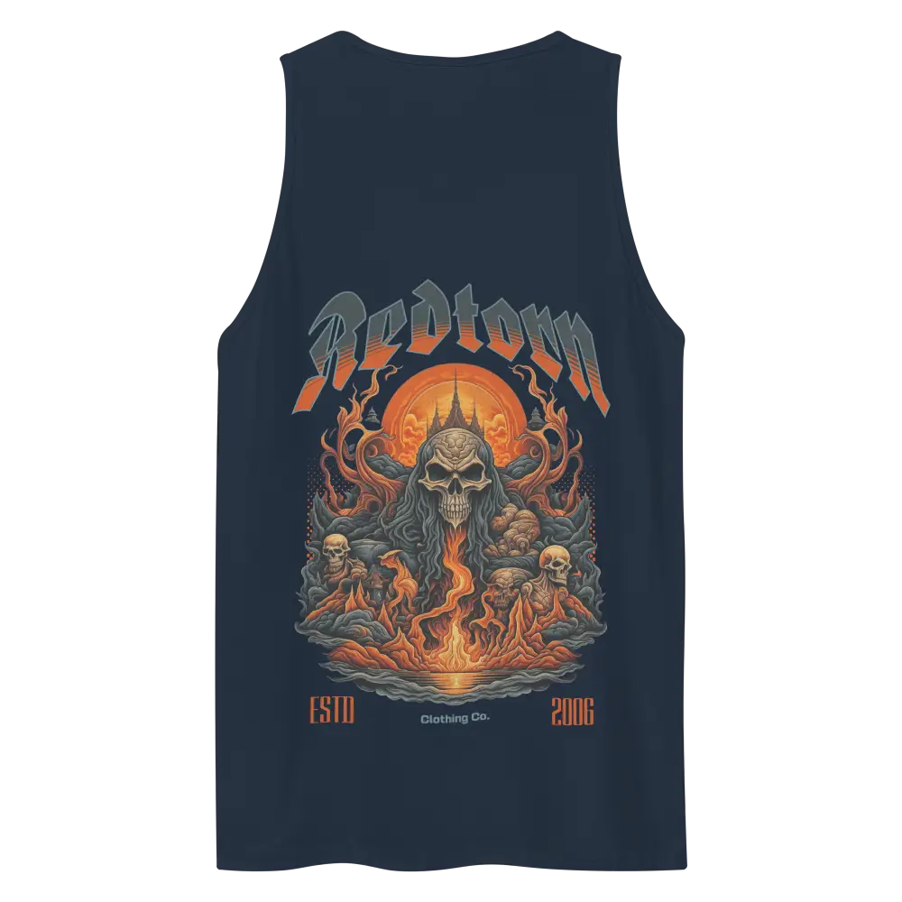 Fire skull graphic premium tank top with dark blue skull, flames, 2006 logo