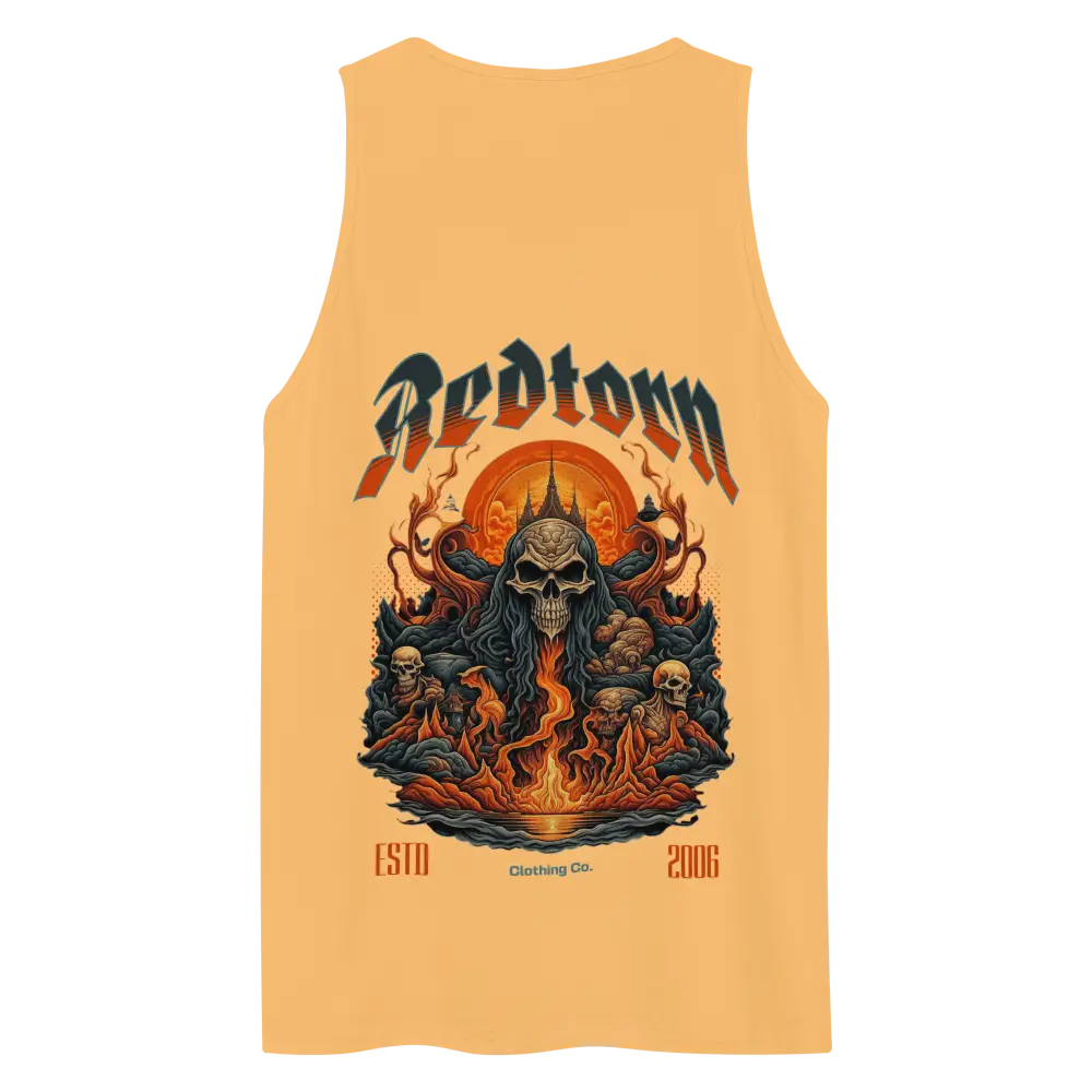 Fire skull graphic premium tank top with flame accents on orange background
