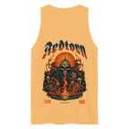 Fire skull graphic premium tank top with flame accents on orange background