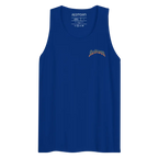 Premium fire skull graphic tank top in royal blue with rainbow logo