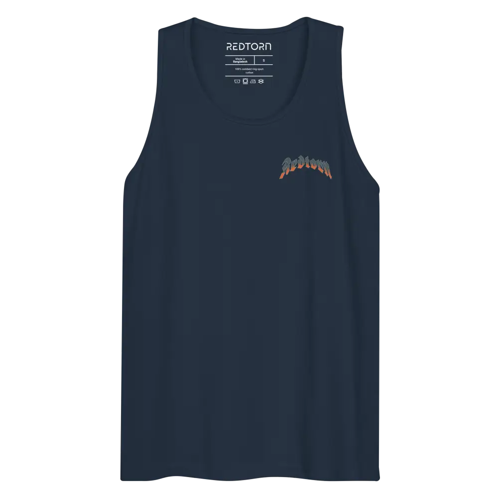 Premium fire skull graphic tank top with navy blue metallic Jadon logo