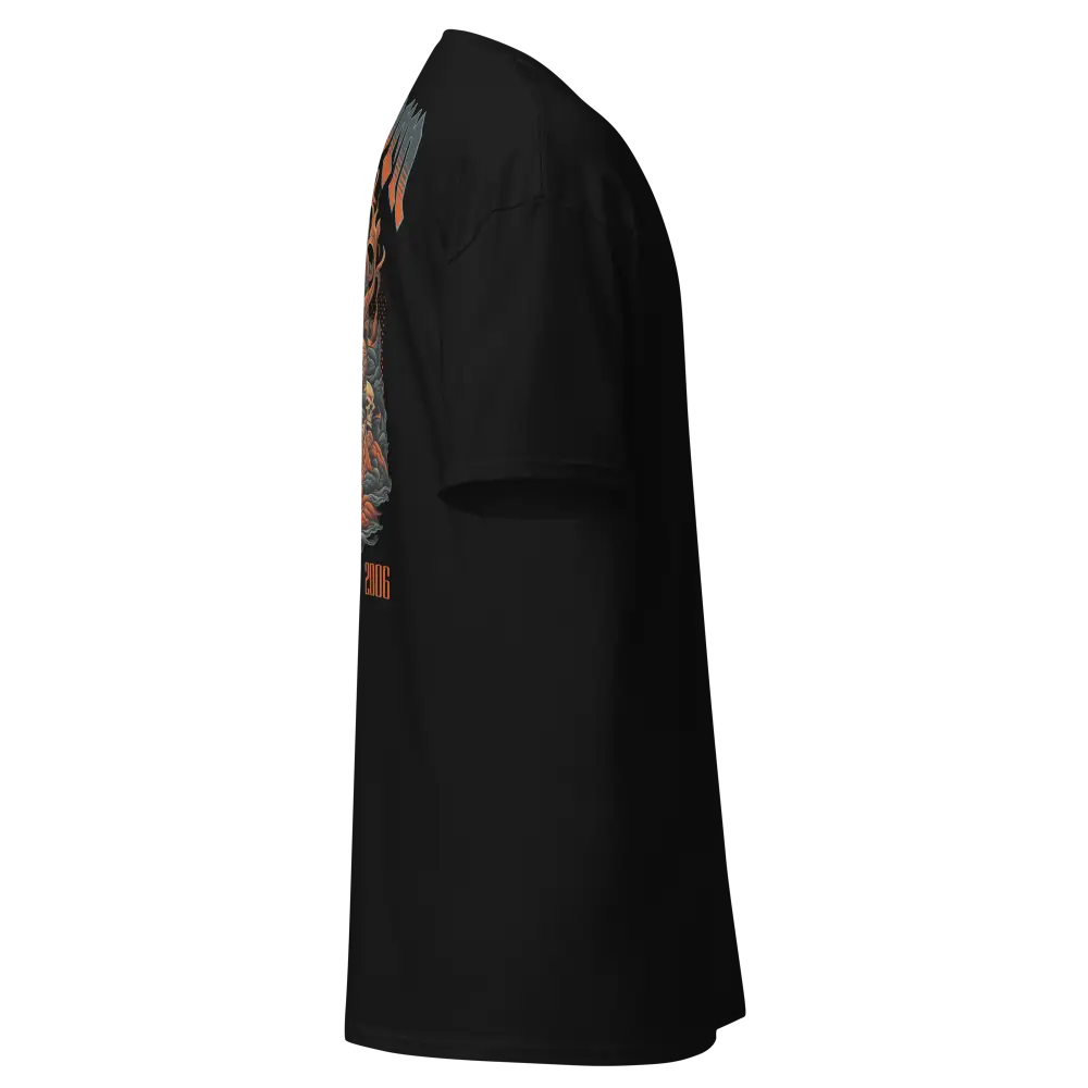 Fire skull graphic cotton unisex classic tee with black leather jacket accents