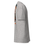 Fire skull graphic cotton unisex classic big tee in heather gray with orange black design