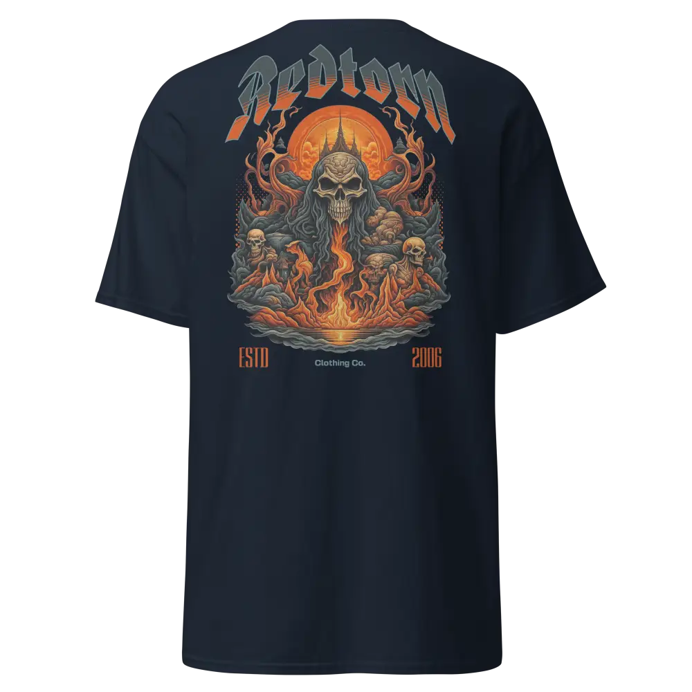 Navy blue fire skull graphic cotton unisex classic tee with flames