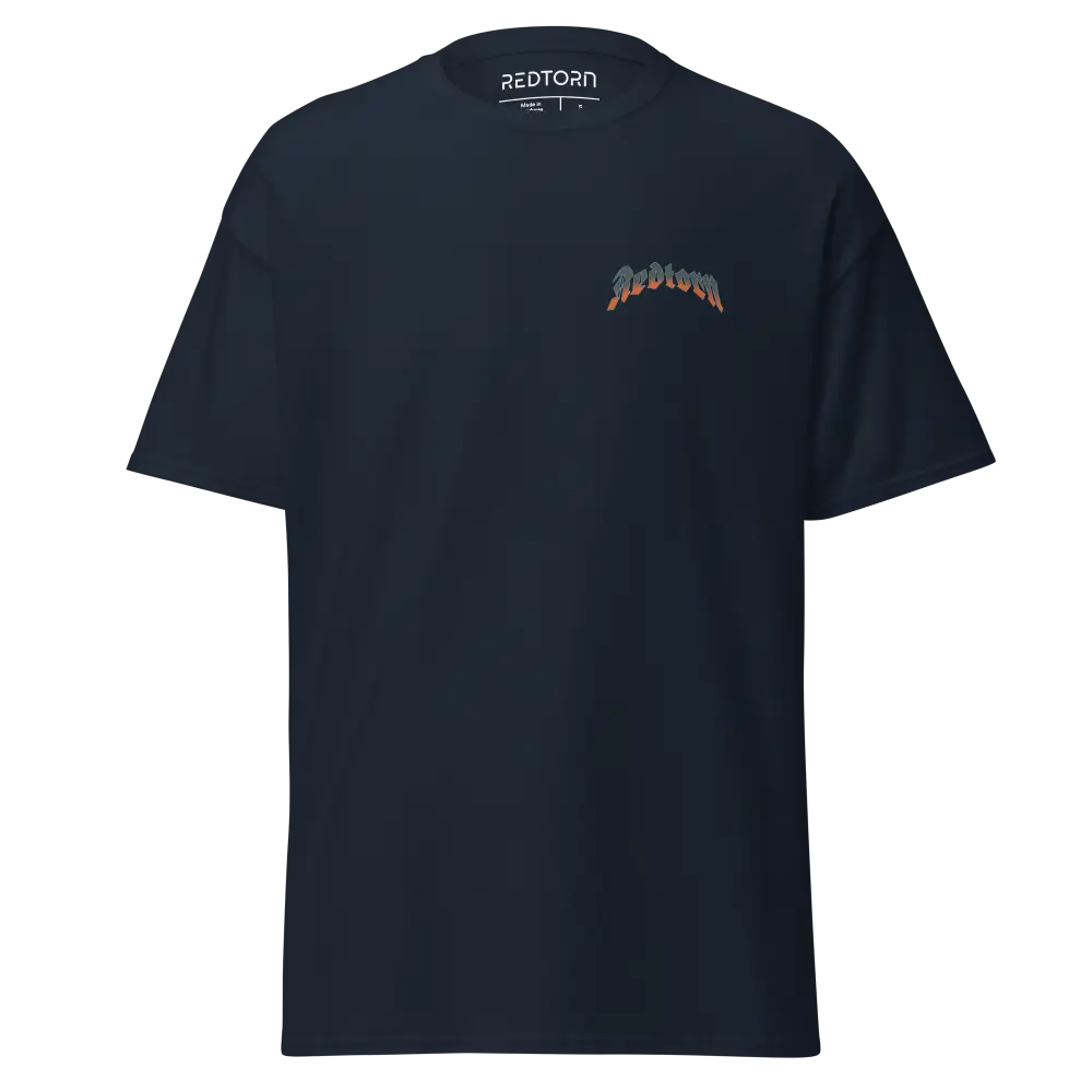 Fire skull graphic cotton unisex classic tee in navy blue with rainbow redtoan logo