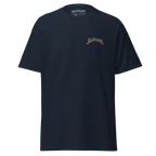 Fire skull graphic cotton unisex classic tee in navy blue with rainbow redtoan logo