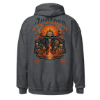 Charcoal gray premium unisex hoodie with fiery skull graphic design
