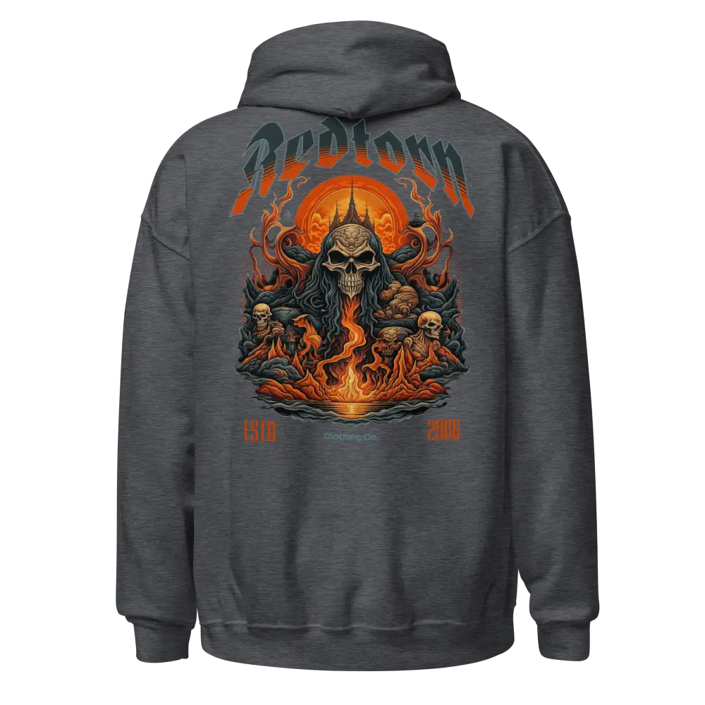Charcoal gray premium unisex hoodie with fiery skull graphic design
