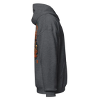Charcoal gray premium unisex hoodie with orange flame graphic design