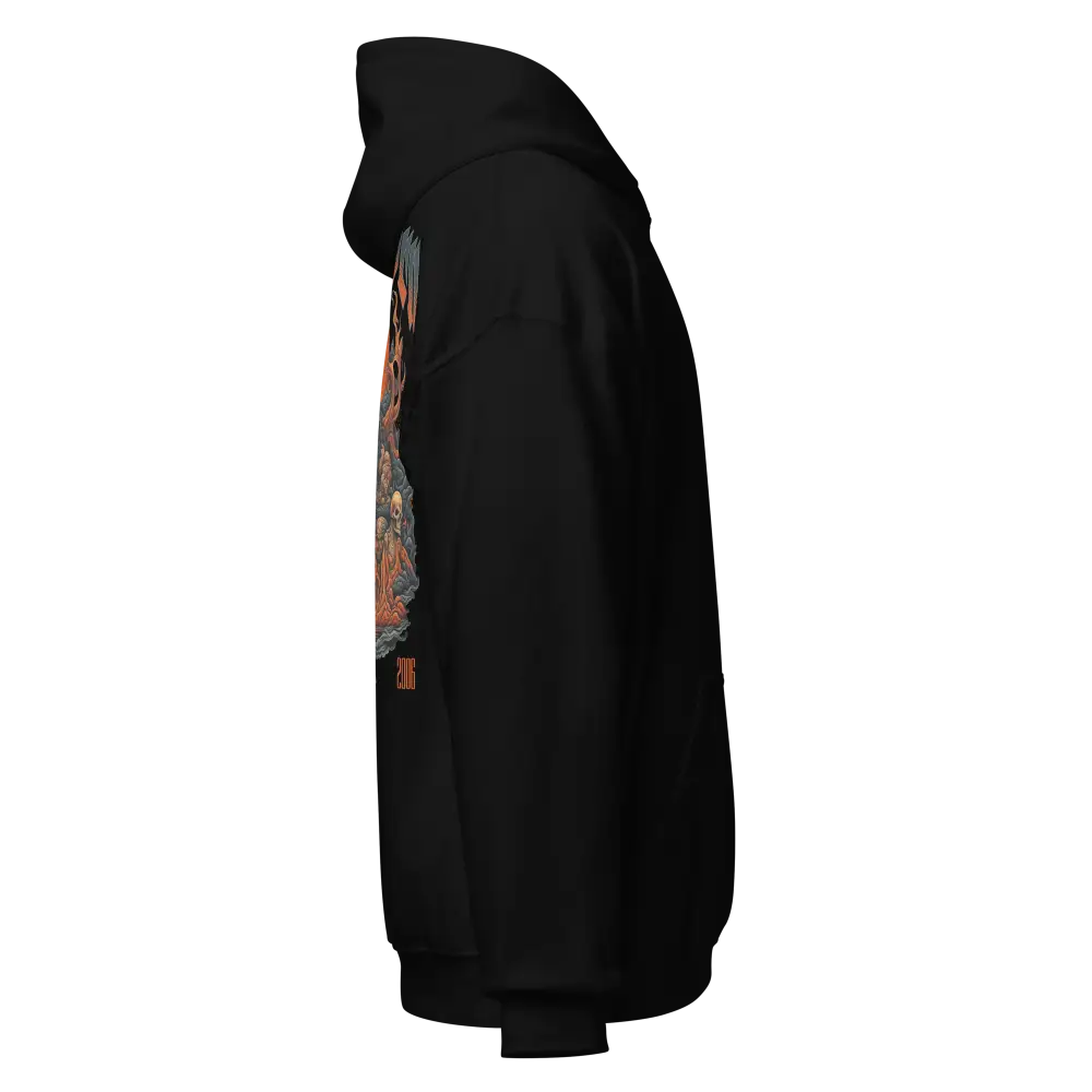 Premium unisex hoodie with skull flame graphic design and black leather jacket details