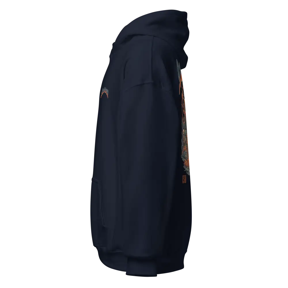 Navy blue premium unisex hoodie with skull flame graphic design and camo sleeves