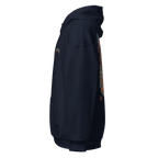 Navy blue premium unisex hoodie with skull flame graphic design and camo sleeves