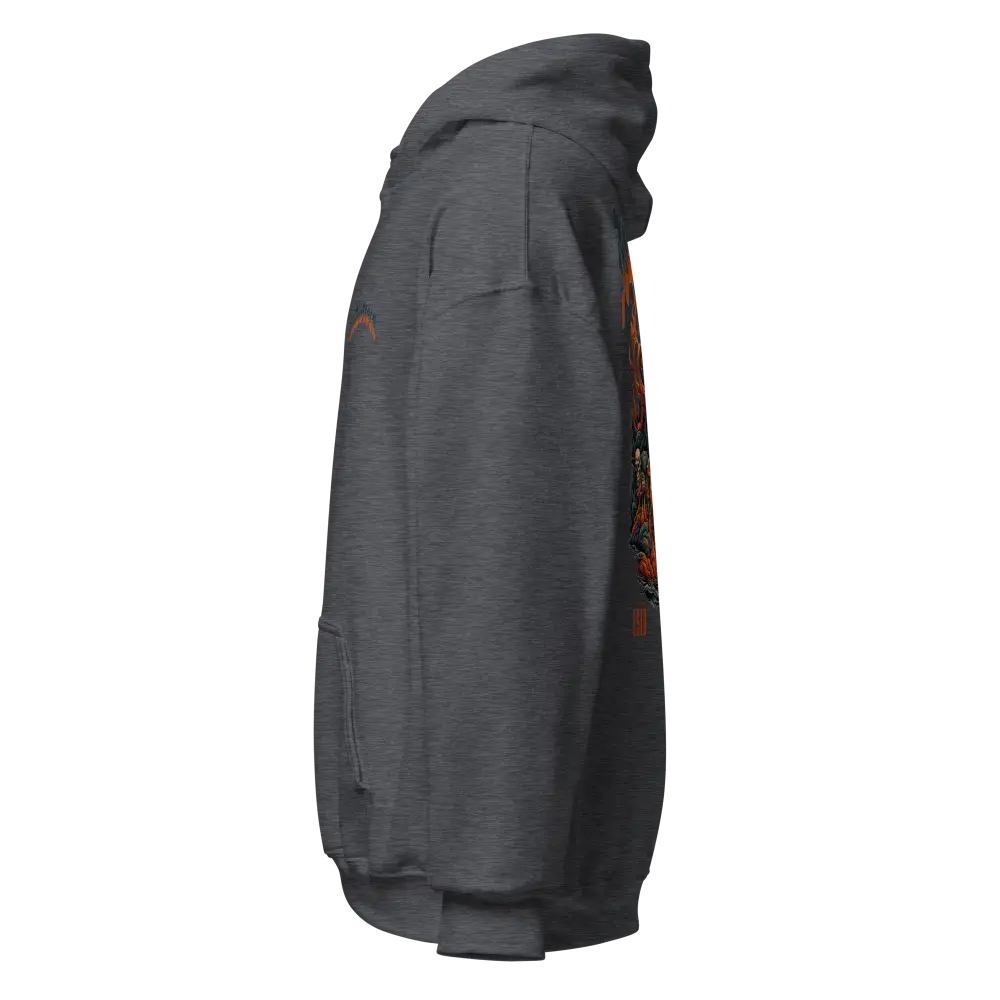 Charcoal gray premium unisex hoodie with orange flame graphic design on sleeve, Nike logo