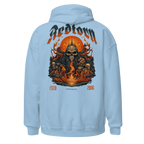 Light blue premium unisex hoodie with Redtown skull flame graphic design, established 2016