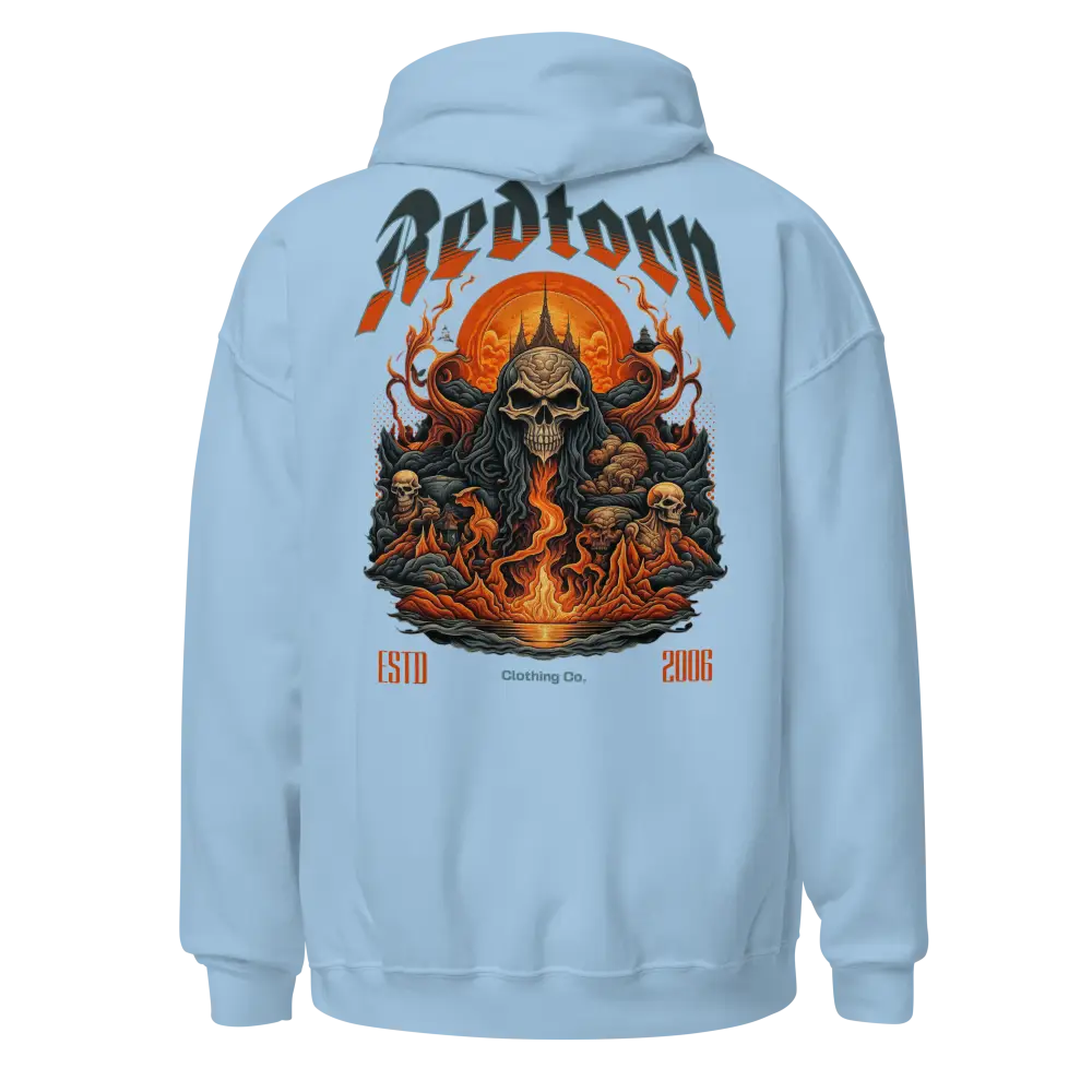 Light blue premium unisex hoodie with Redtown skull flame graphic design, established 2016