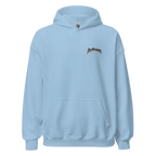 Light blue premium unisex hoodie with redbloom logo and skull flame graphic design