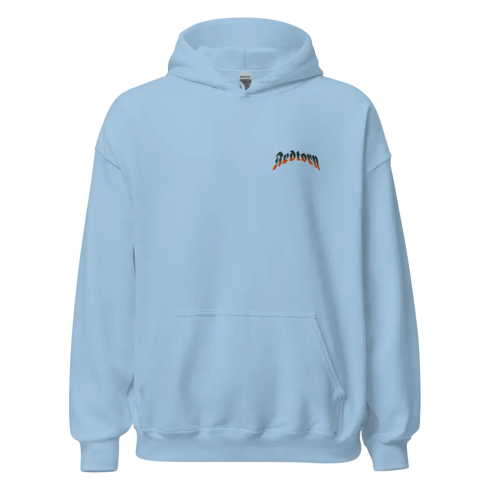 Light blue premium unisex hoodie with redbloom logo and skull flame graphic design