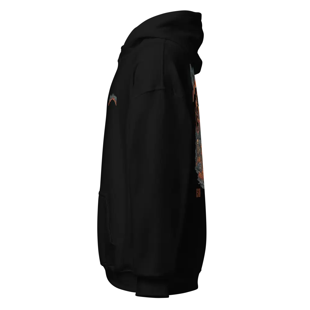 Premium unisex hoodie with skull flame graphic design and black leather jacket accents