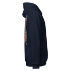 Navy blue premium unisex hoodie with orange white skull flame graphic design