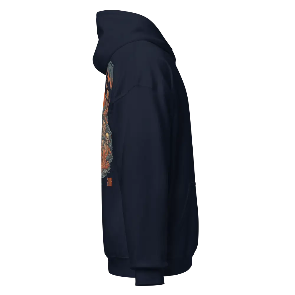 Navy blue premium unisex hoodie with orange white skull flame graphic design