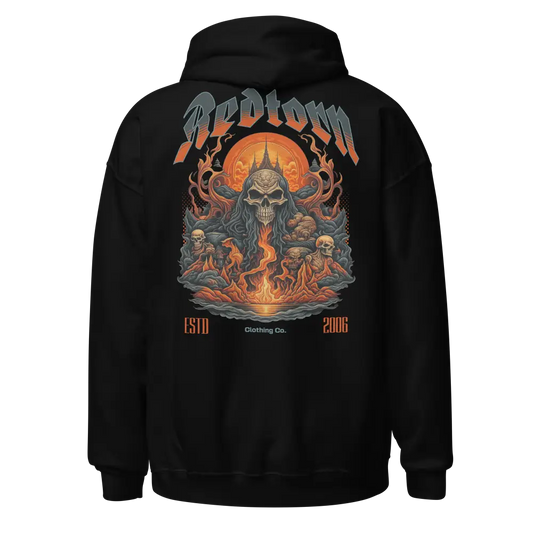 Hells Unisex Hoodie with black skull flame design and 2016 logo ignite street wear