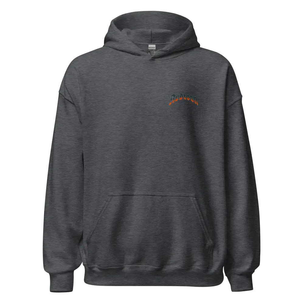 Charcoal gray premium unisex hoodie with orange skull flame graphic design