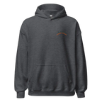 Charcoal gray premium unisex hoodie with orange skull flame graphic design