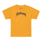 Flaming skull graphic tee on yellow kids cotton t-shirt with Redtown design