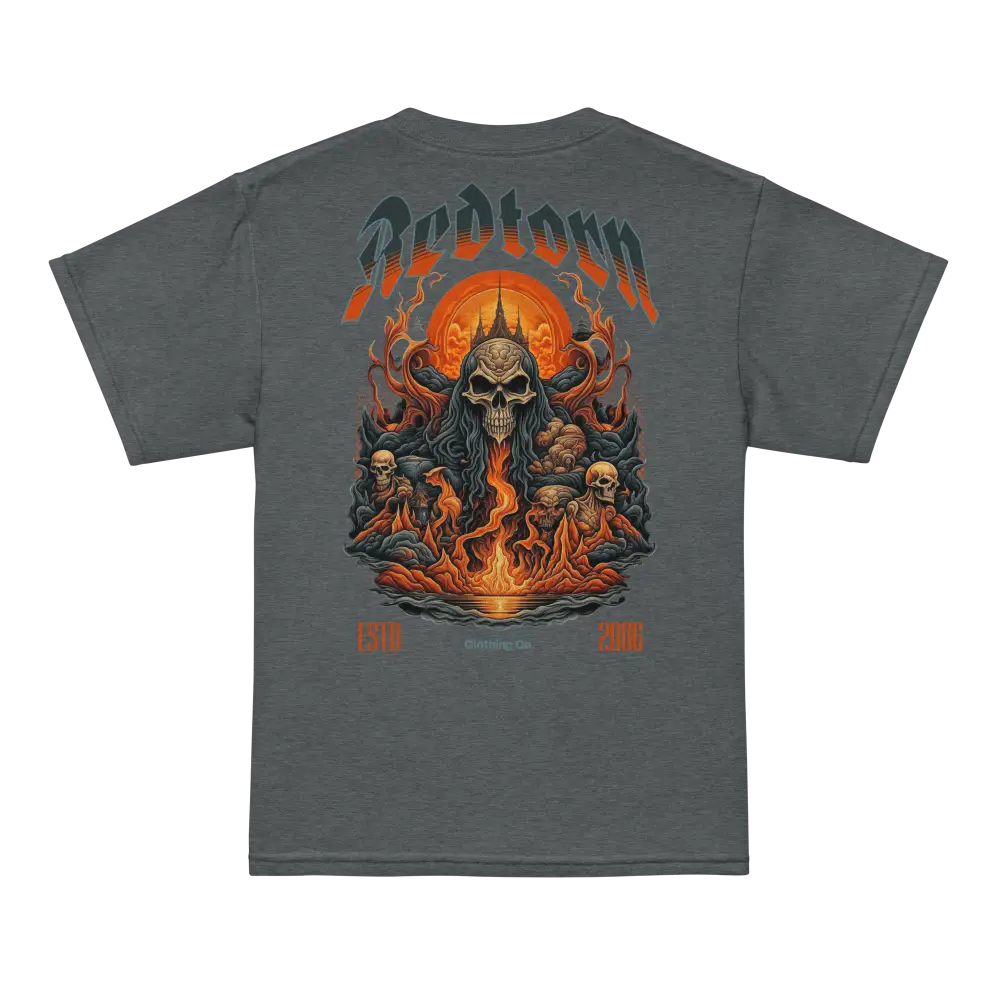 Grey Hell’s Youth T-Shirt by Ripdorn Clothing with skull, flames, and bedtorn text