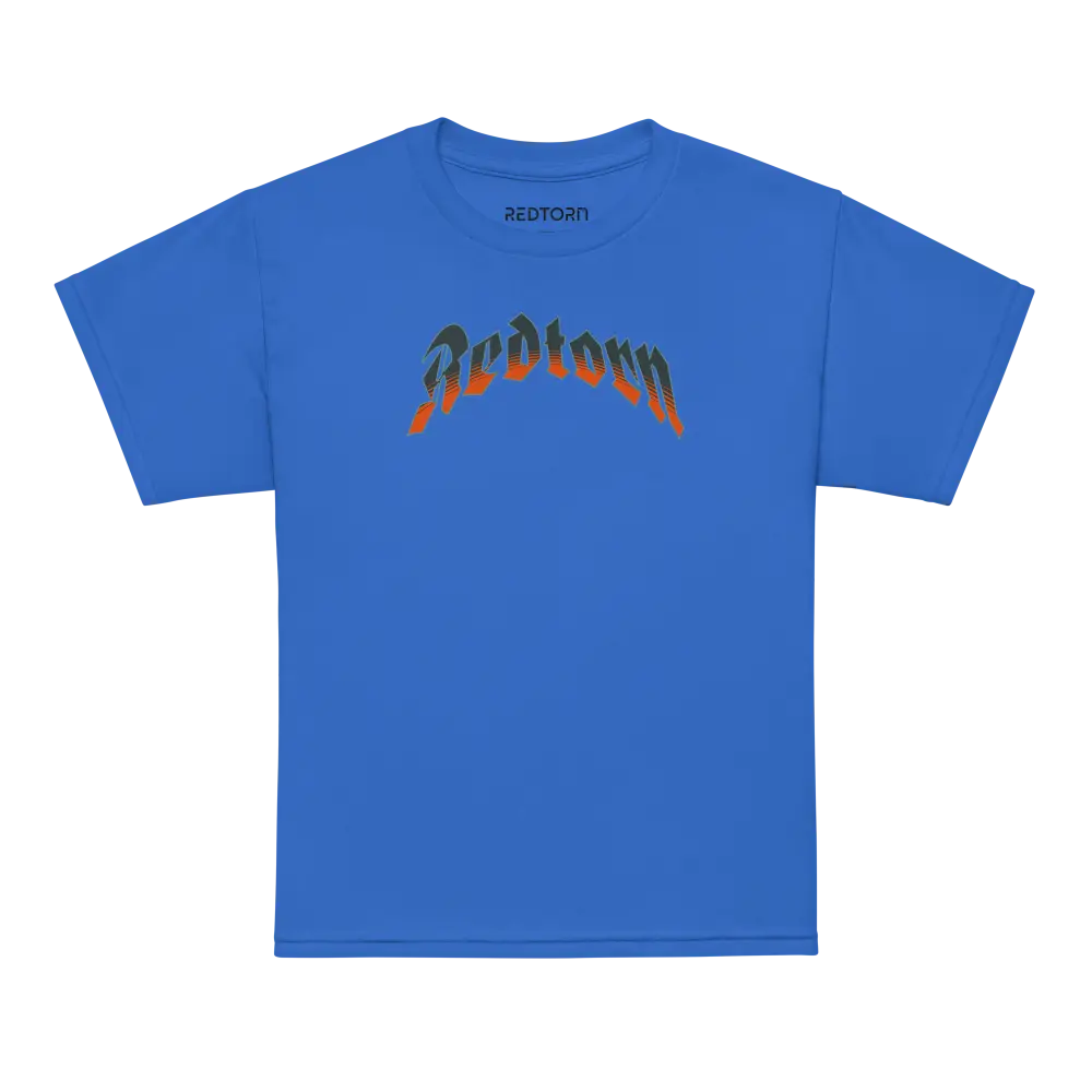 Flaming Skull Kids Cotton T-Shirt in royal blue with ardlorn gradient orange to green font