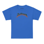 Flaming Skull Kids Cotton T-Shirt in royal blue with ardlorn gradient orange to green font
