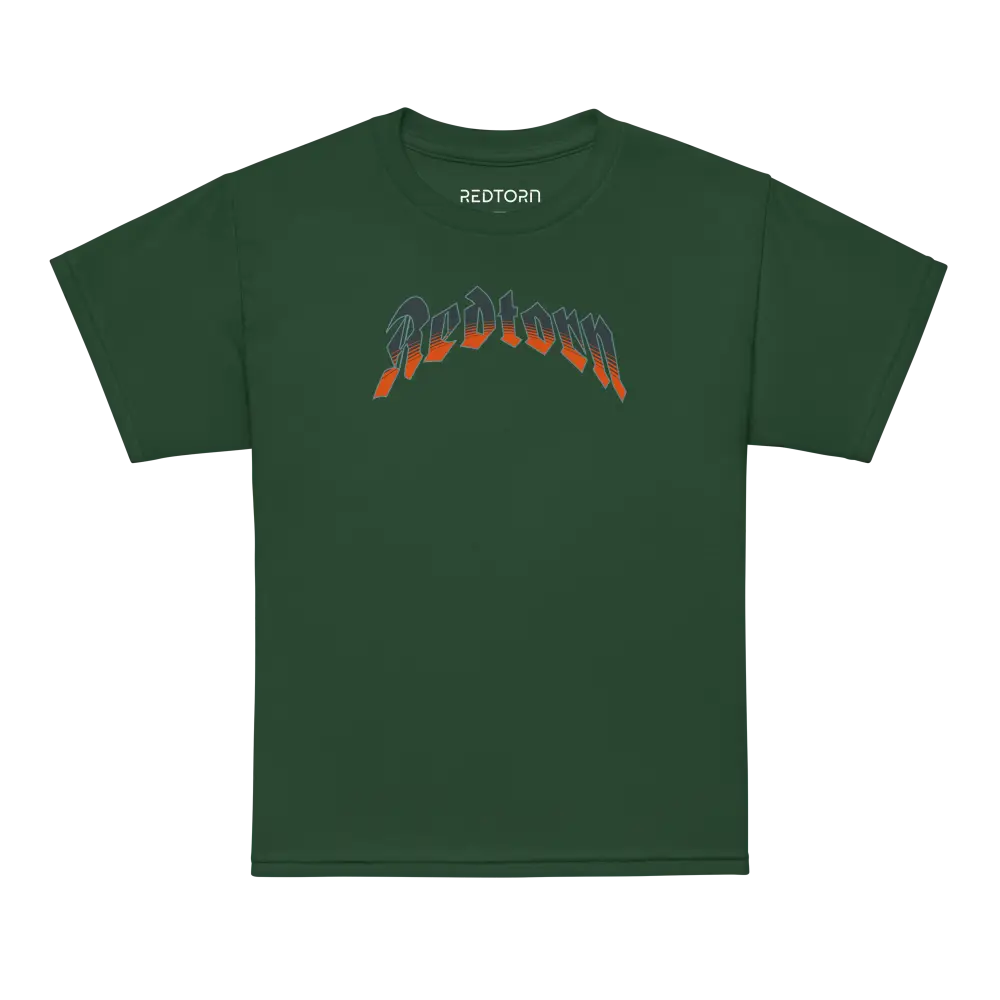 Flaming skull kids cotton t-shirt with green fabric and reztorn text